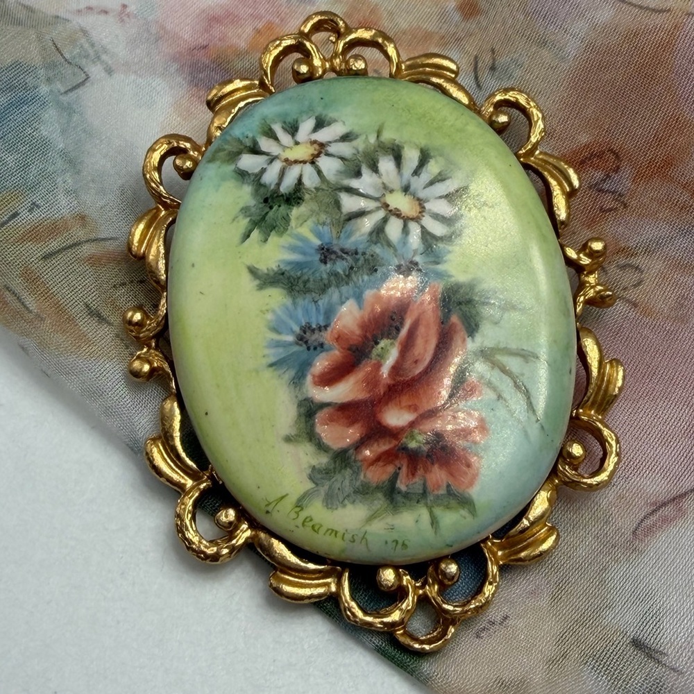 Vintage Hand Painted Floral Porcelain Brooch signed by Artist #173FF